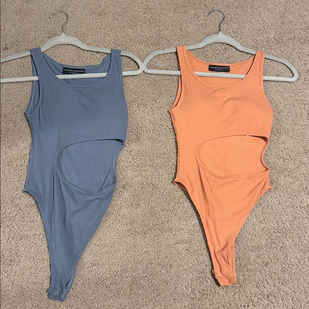 Alphalete Ribbed Cutout Bodysuits in Slate Blue and Coral